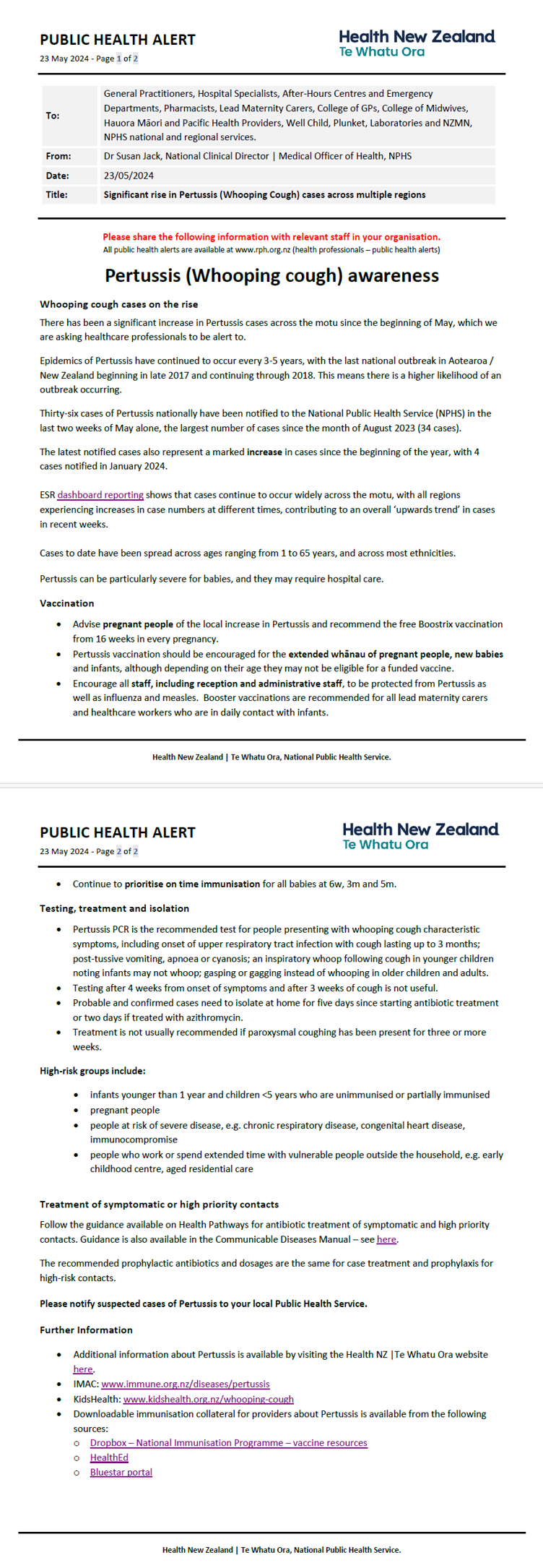 Public Health Alert memo from Health New Zealand