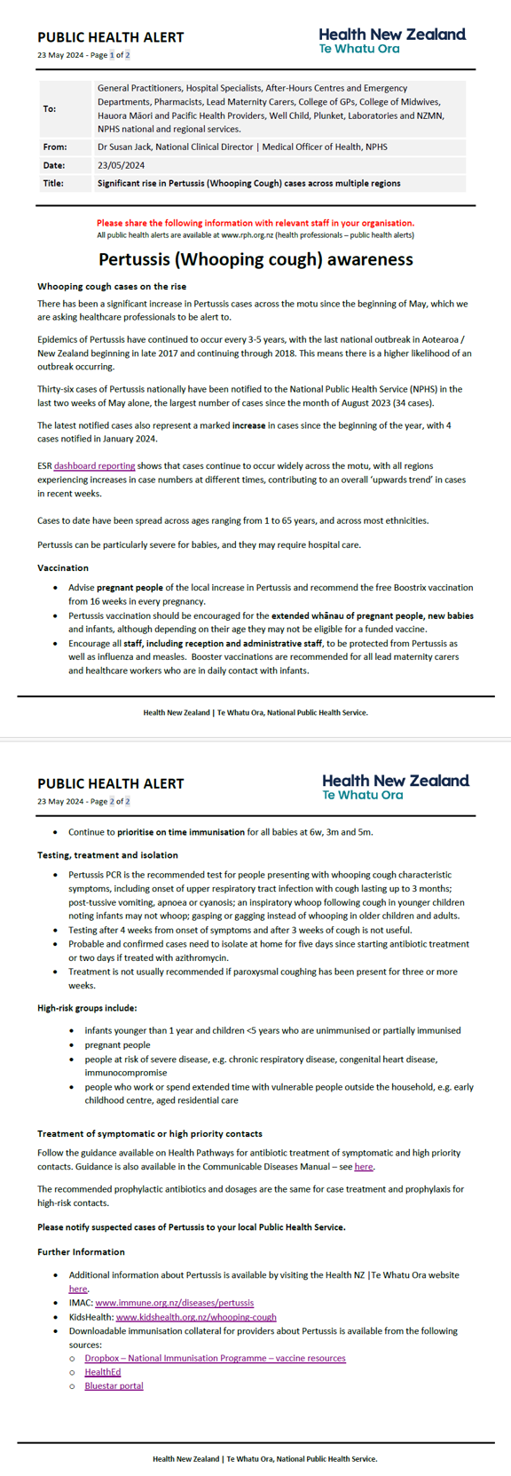 National Public Health alert - significant rise in Pertussis (Whooping cough) cases across multiple regions
