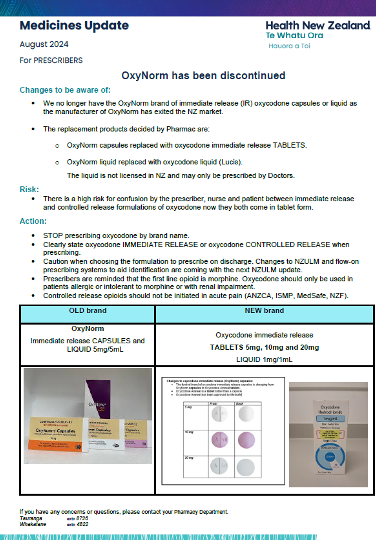 Memo from HNZ advising OxyNorm has been discontinued