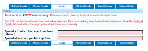 Screen shot of Acute section of the electronic referral