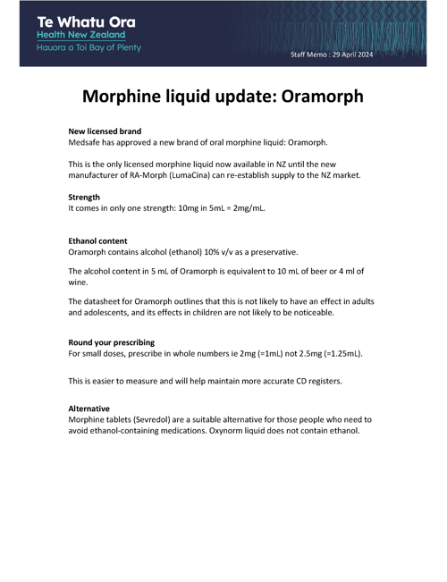 Health NZ memo dated 29 April 2024 regarding Oramorph