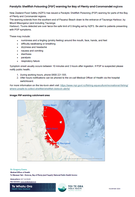 Public Health warning from Health NZ regarding paralytic shellfish poisoning