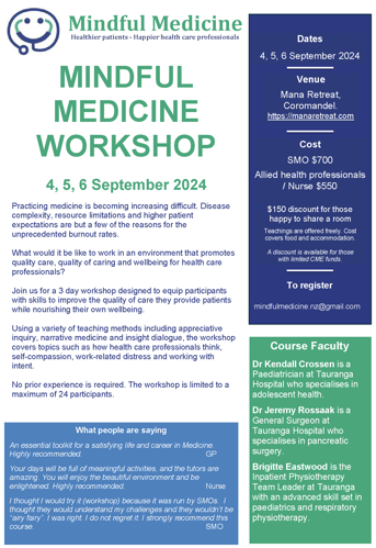 Mindful Medicine Workshop flyer to be held on 4, 5, and 6 September 2024
